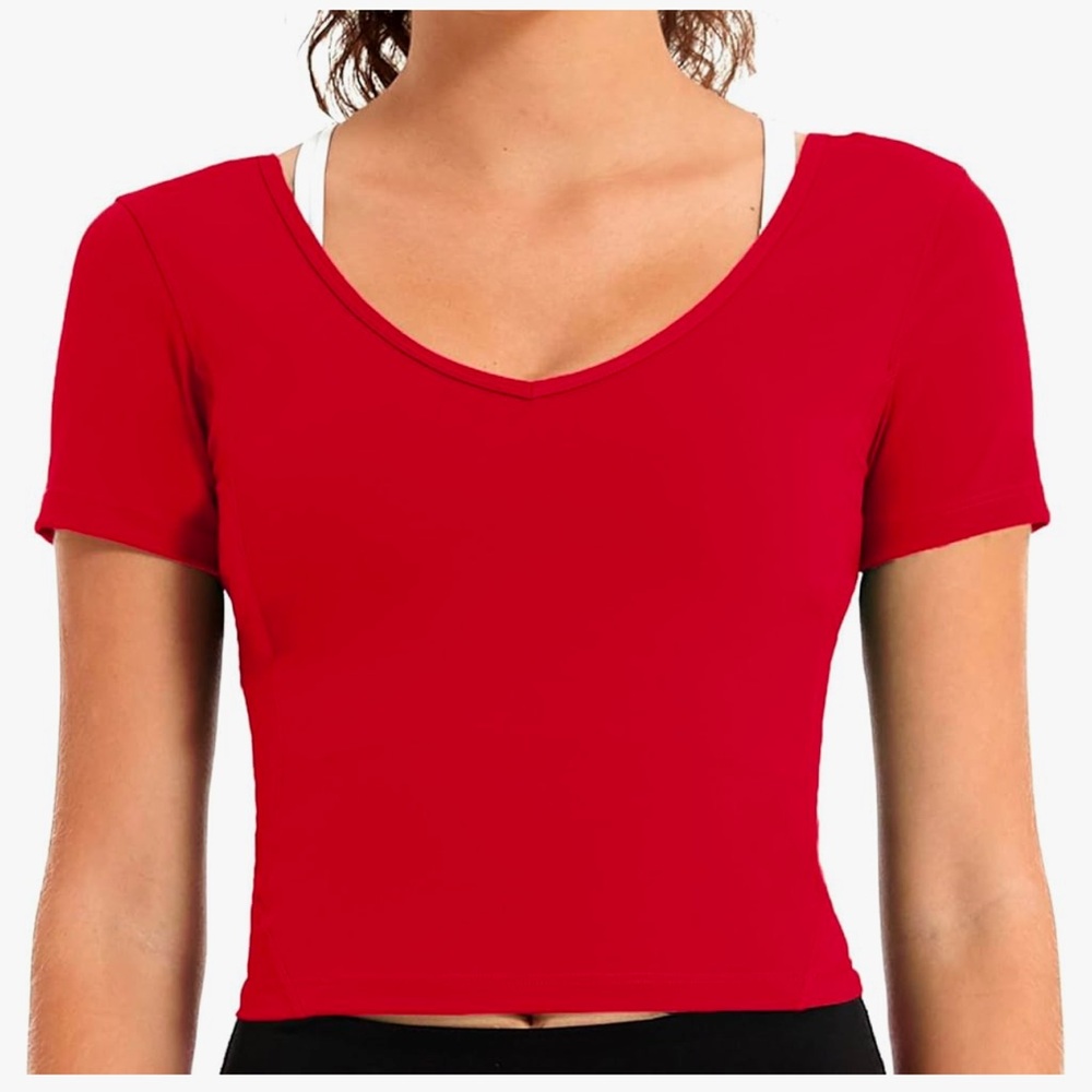 NWT Husnainna Women's Cropped Workout Shirts V Neck Yoga Size Small Red